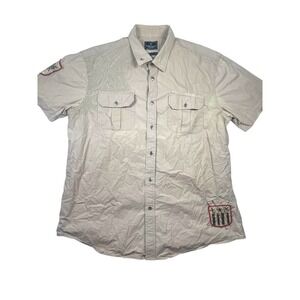 Marc Ecko Men's XL‎ Beige Embroidered Patchwork Shirt Streetwear